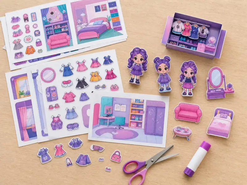 Materiales reales del Mega Kit: hojas impresas, personajes 3D, ropa, accesorios, muebles, tijeras y pegamento