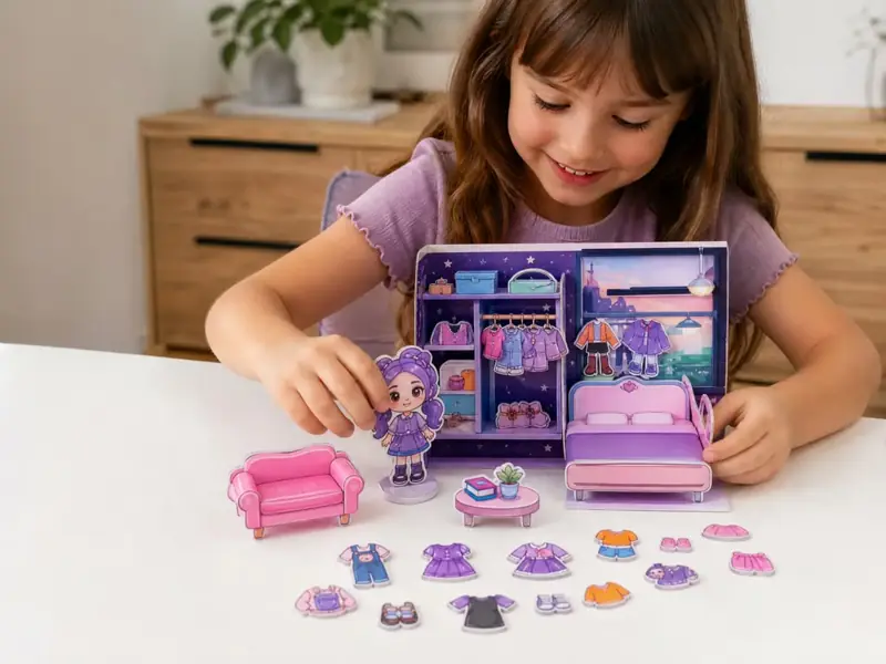 Niña armando un escenario 3D con personajes, ropa, muebles y accesorios de papel