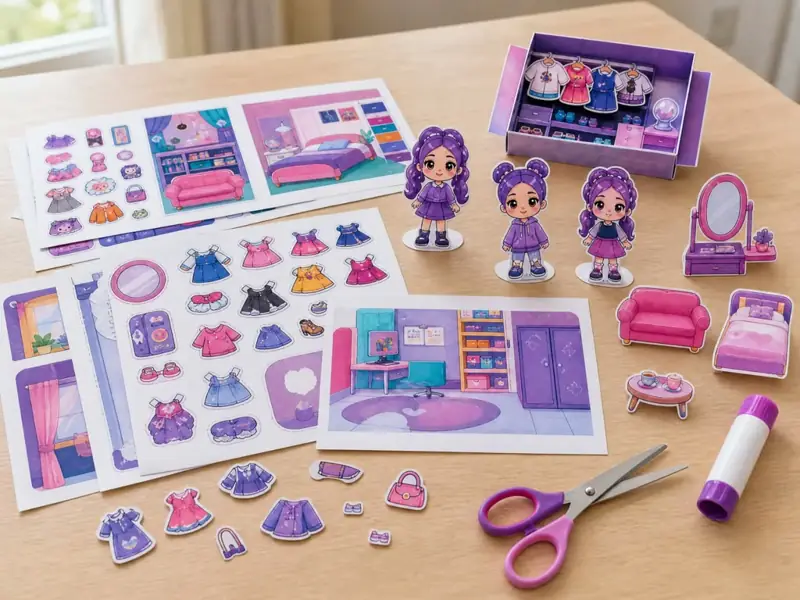 Composición completa del Mega Kit: personajes 3D, ropa, escenarios, muebles y accesorios listos para imprimir y armar